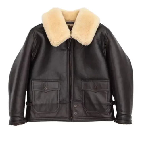Navy M-445A Flight Shearling Leather Jacket featuring premium leather, soft shearling lining, and classic aviator design for timeless warmth and style.