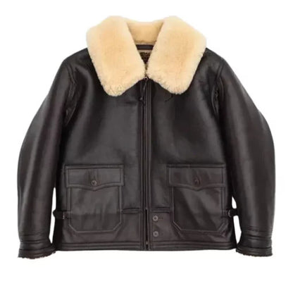 Navy M-445A Flight Shearling Leather Jacket featuring premium leather, soft shearling lining, and classic aviator design for timeless warmth and style.