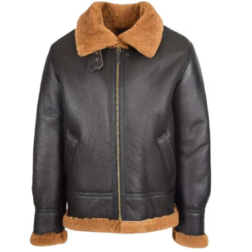 Man wearing the Men’s Edwardo Ginger B3 Bomber Jacket with Hood, featuring premium brown leather, soft shearling lining, and a classic aviator design for warmth and stylish winter wear.