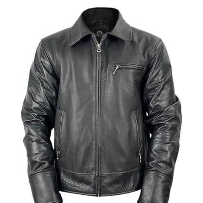 Men’s Jet-Black Leather Harrington Jacket featuring a classic design, premium genuine leather, and a sleek modern fit for timeless style and comfort.