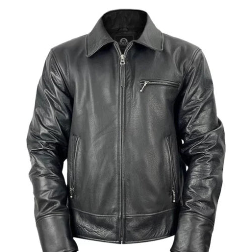 Men’s Jet-Black Leather Harrington Jacket featuring a classic design, premium genuine leather, and a sleek modern fit for timeless style and comfort.