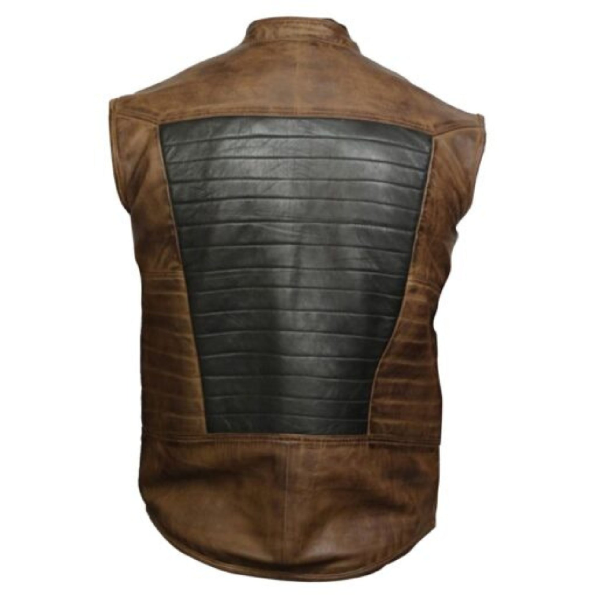 Men’s brown and black dual-tone leather vest in classic fit with front closure design.