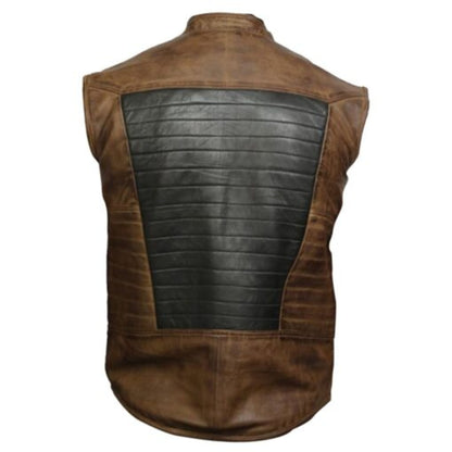 Men’s brown and black dual-tone leather vest in classic fit with front closure design.