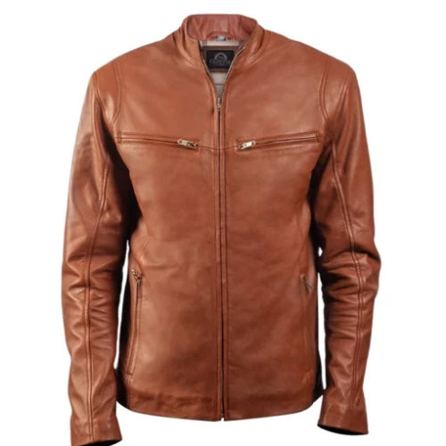 Men’s brown leather fashion jacket featuring premium genuine leather, classic heritage design, sleek zipper closure, and timeless vintage style for a refined modern look.