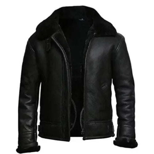 Classic Men’s B3 Aviator Shearling Sheepskin Jacket in brown leather with soft shearling lining, featuring a vintage flight jacket design and rugged aviator style.