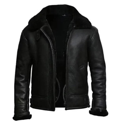 Classic Men’s B3 Aviator Shearling Sheepskin Jacket in brown leather with soft shearling lining, featuring a vintage flight jacket design and rugged aviator style.