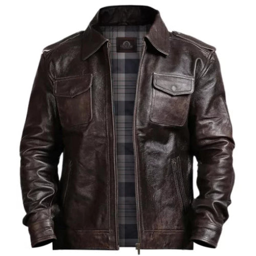 Classic men’s dark brown vintage style leather jacket with zipper closure, shirt collar, and elegant retro design for timeless fashion.