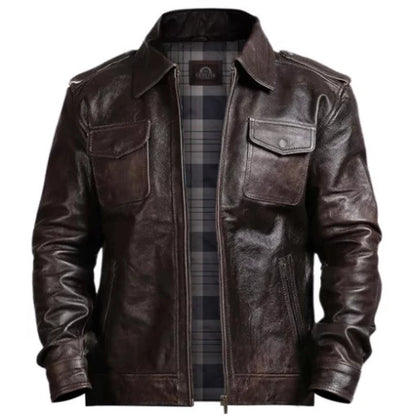 Classic men’s dark brown vintage style leather jacket with zipper closure, shirt collar, and elegant retro design for timeless fashion.
