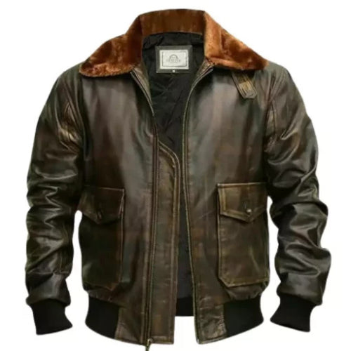 Men’s G-1 Aviator Jacket in distressed brown leather, featuring a rugged vintage flight design, durable construction, and classic aviator style.