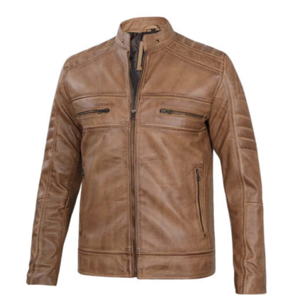 Men wearing classic motorcycle style camel brown leather jacket