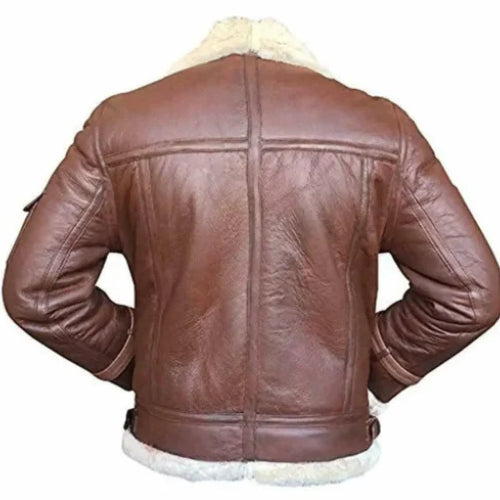 Men’s RAF B3 Shearling Leather Bomber Jacket featuring genuine leather exterior, soft shearling lining, and classic aviator design for timeless warmth and style.