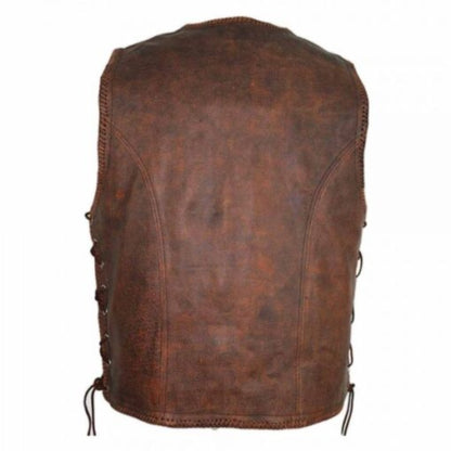“Men’s brown cowhide leather biker vest with classic rugged motorcycle design and durable finish.”