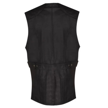 Men’s black cowhide leather vest in classic rugged style with front closure and pockets.