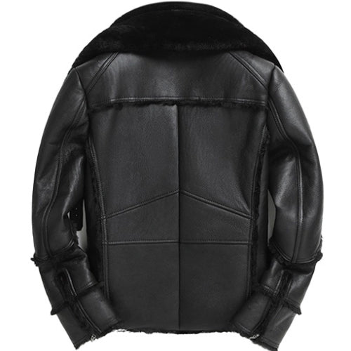 Men’s double collar sheepskin biker jacket in premium leather, featuring a rugged design and stylish fit for confident rides.