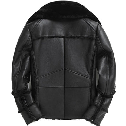 Men’s double collar sheepskin biker jacket in premium leather, featuring a rugged design and stylish fit for confident rides.
