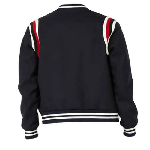 Man wearing the Men’s Cotton Varsity Jacket featuring a soft cotton body, ribbed cuffs, and classic varsity details for a comfortable yet stylish everyday look.