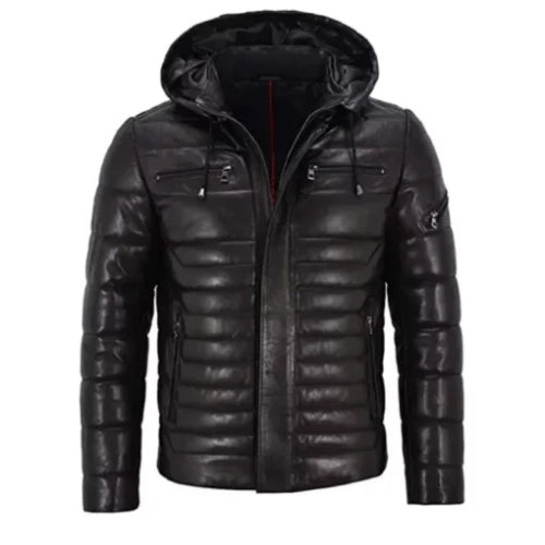 Men’s Black Puffer Hooded Jacket featuring insulated warmth, a sleek design, and a cozy hood for winter comfort.