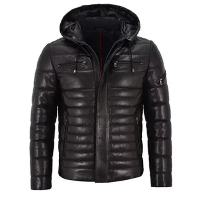 Men’s Black Puffer Hooded Jacket featuring insulated warmth, a sleek design, and a cozy hood for winter comfort.