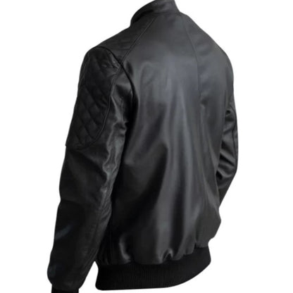 Man wearing men’s casual black leather bomber jacket
