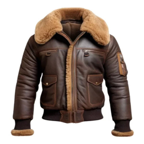 Command the cold in style with the Men’s Aviator Fur Shearling Bomber Leather Jacket featuring premium leather, soft fur lining, and classic aviator detailing for ultimate warmth and sophistication.