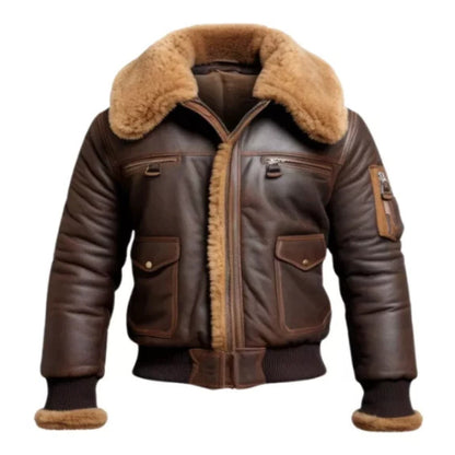 Command the cold in style with the Men’s Aviator Fur Shearling Bomber Leather Jacket featuring premium leather, soft fur lining, and classic aviator detailing for ultimate warmth and sophistication.