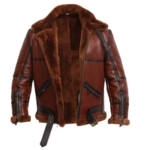 Man wearing the Men’s RAF British Shearling Aviator Jacket featuring premium brown leather, soft shearling lining, and classic RAF-inspired detailing for a warm and stylish winter look.