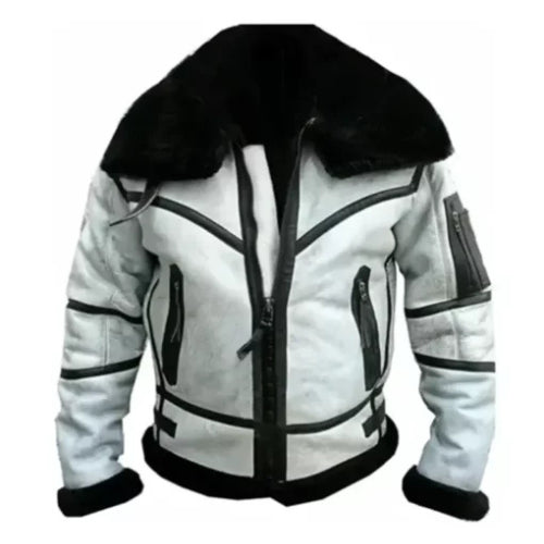 Men’s RAF B3 Shearling Bomber Jacket featuring genuine leather, plush shearling lining, and a classic aviator design for timeless warmth and style.