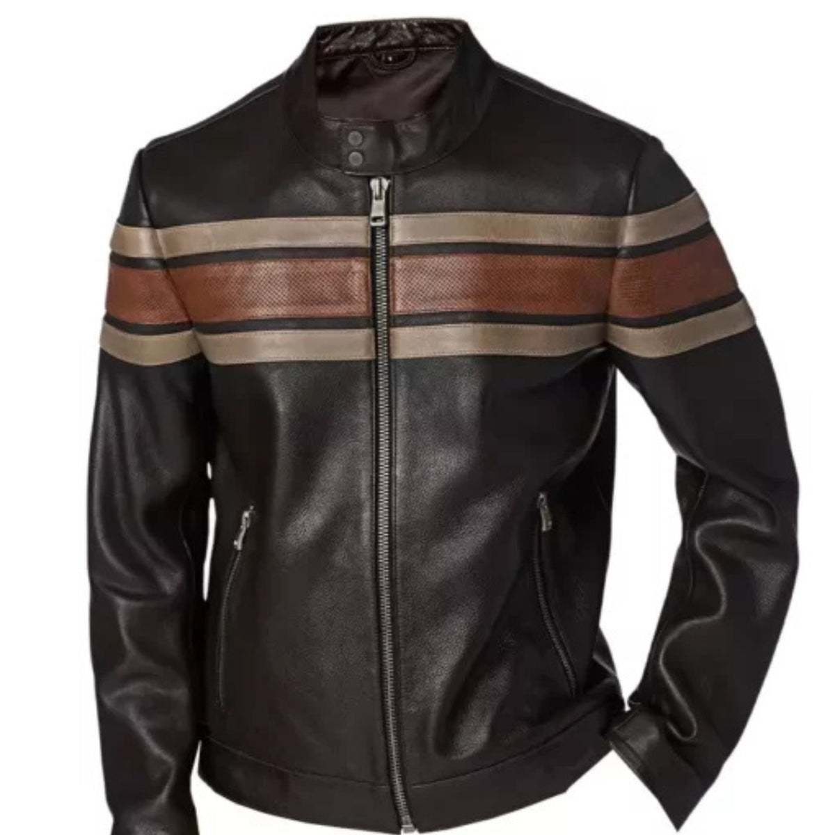 Dale Retro Striped Leather Jacket in premium leather, featuring bold retro stripes, classic vintage design, and modern comfort for men.