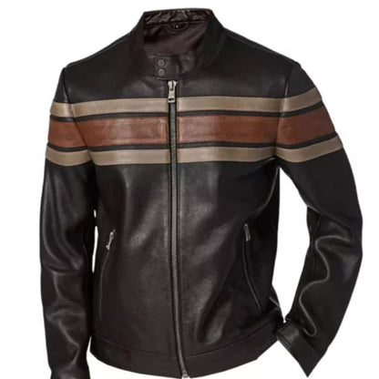 Dale Retro Striped Leather Jacket in premium leather, featuring bold retro stripes, classic vintage design, and modern comfort for men.