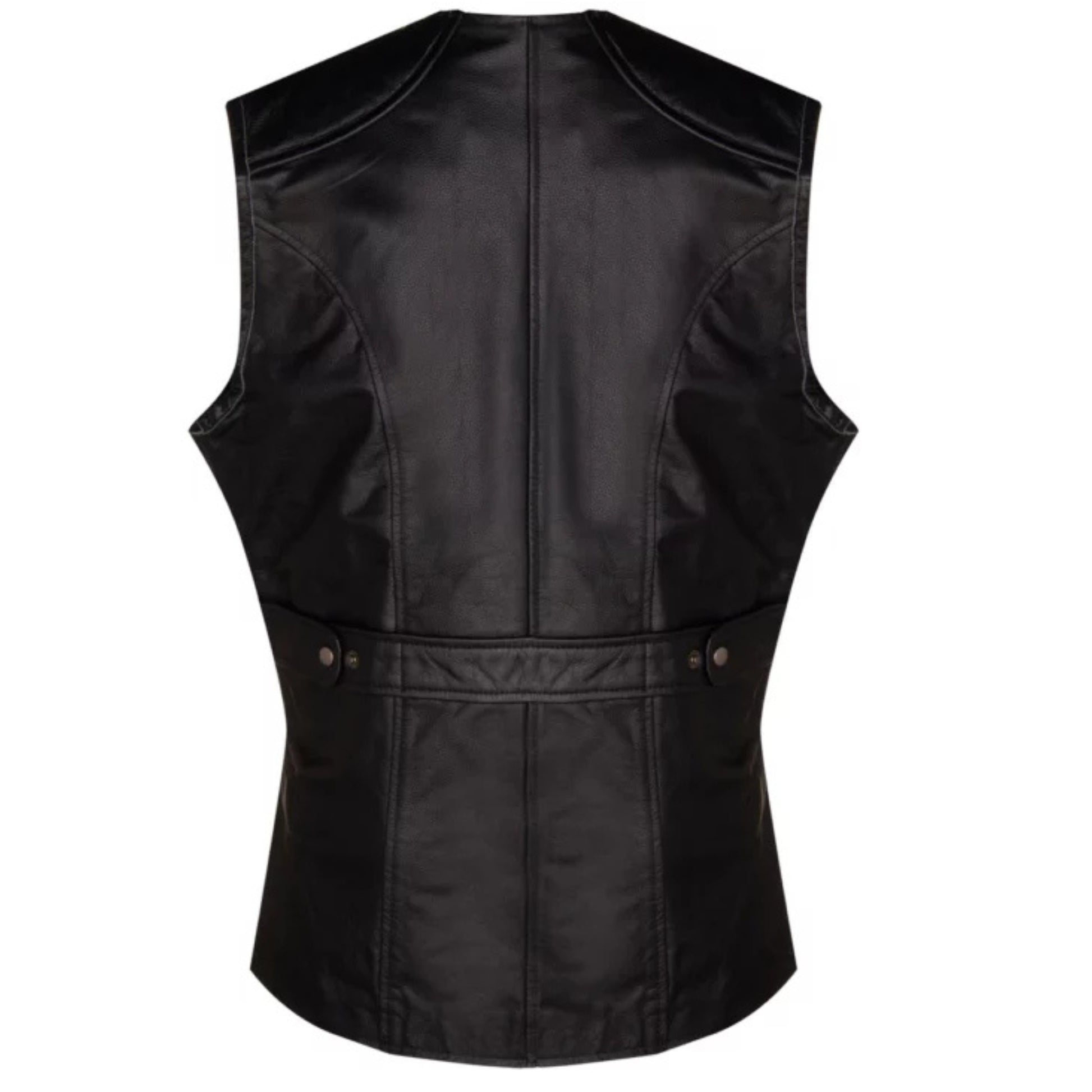 Black quilted leather vest for men featuring a sharp tailored fit and modern sleek design.