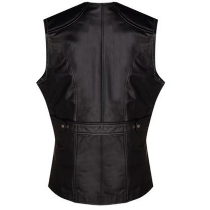 Black quilted leather vest for men featuring a sharp tailored fit and modern sleek design.