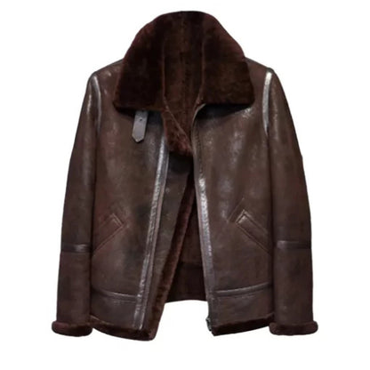 Distressed B3 Brown Shearling Aviator Jacket featuring genuine leather, soft shearling lining, and a rugged vintage design for timeless warmth and style.