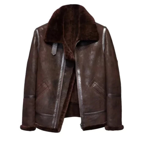 Distressed B3 Brown Shearling Aviator Jacket featuring genuine leather, soft shearling lining, and a rugged vintage design for timeless warmth and style.