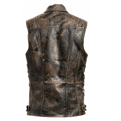 Men’s distressed brown leather vest with strap pockets in rugged vintage style.