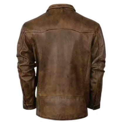Men’s distressed brown leather biker shirt jacket with rugged vintage style, button-front closure, and durable design for casual and riding wear.