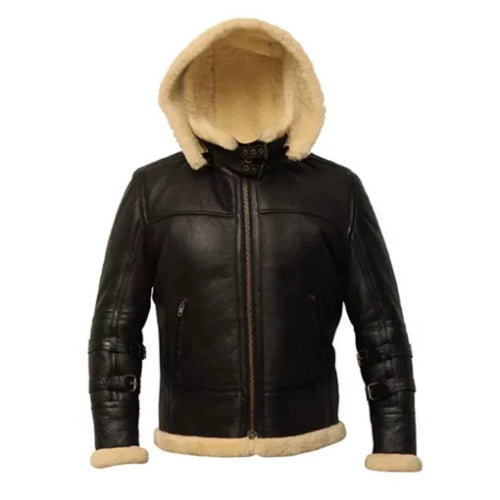 Man wearing the B3 Shearling Removable Hood Black Jacket featuring premium black leather, soft shearling lining, and a detachable hood for a stylish and warm winter look.