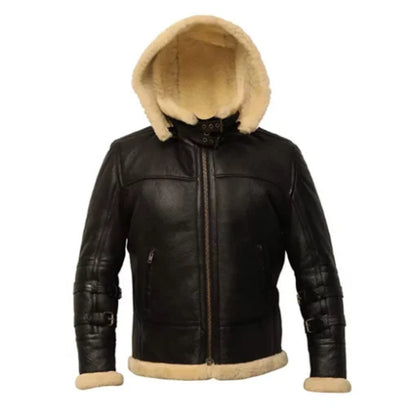 Man wearing the B3 Shearling Removable Hood Black Jacket featuring premium black leather, soft shearling lining, and a detachable hood for a stylish and warm winter look.
