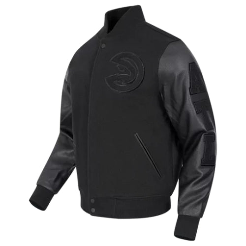 Men’s Black Wool NBA Varsity Jacket featuring premium wool fabric, classic varsity design, and sporty NBA-inspired detailing for a bold and stylish look.