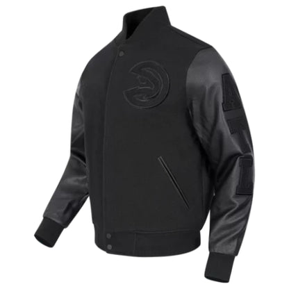 Men’s Black Wool NBA Varsity Jacket featuring premium wool fabric, classic varsity design, and sporty NBA-inspired detailing for a bold and stylish look.