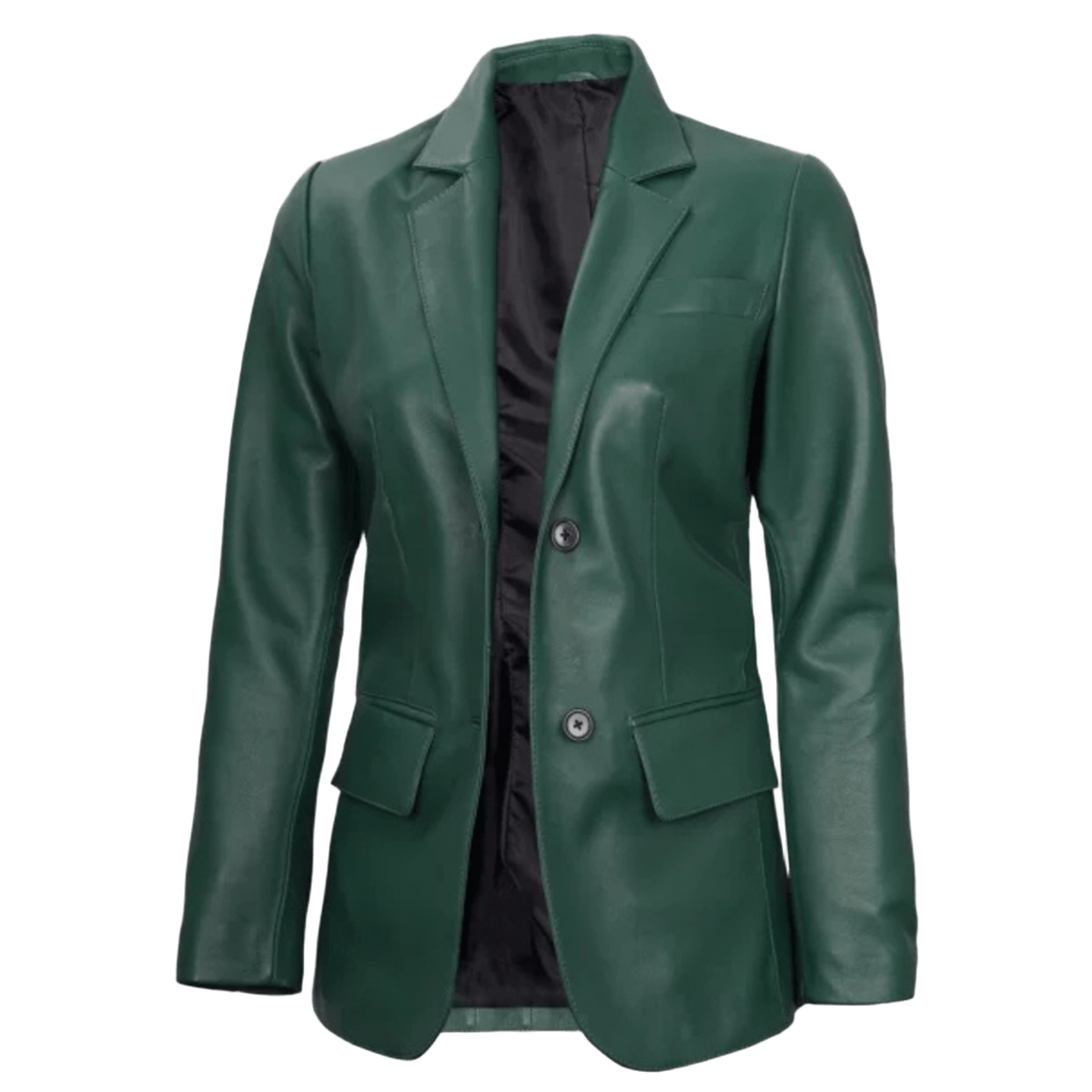 Women’s green two-button leather blazer with a stylish, elegant, and modern design.