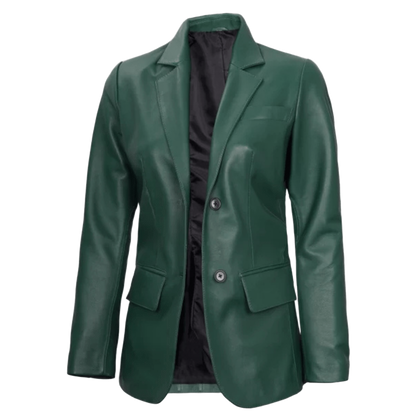 Women’s green two-button leather blazer with a stylish, elegant, and modern design.