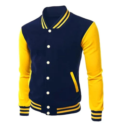 Stylish Blue and Yellow Varsity Leather Jacket featuring premium craftsmanship, sporty design, and vibrant color contrast for a bold and modern look.