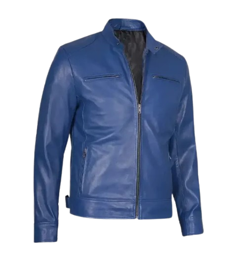 Men’s Slim Fit Blue Leather Jacket featuring sleek design, modern tailoring, and premium leather craftsmanship for a stylish look.