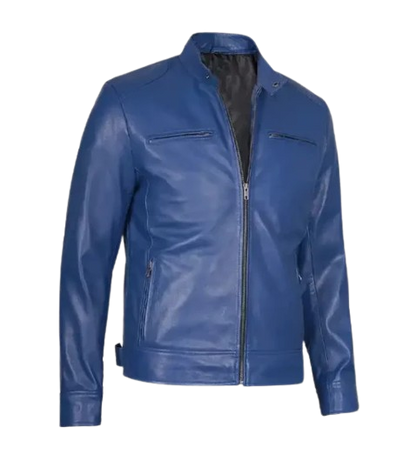 Men’s Slim Fit Blue Leather Jacket featuring sleek design, modern tailoring, and premium leather craftsmanship for a stylish look.
