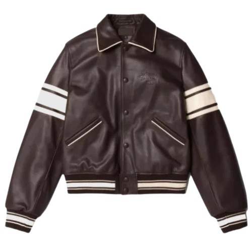 Stussy Wales Bonner Brown Leather Varsity Jacket featuring premium leather construction, classic varsity design, and modern streetwear detailing for a bold, stylish look.