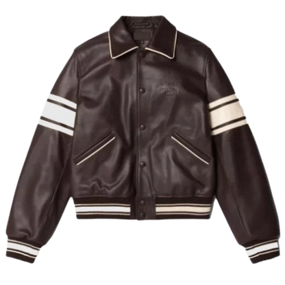 Stussy Wales Bonner Brown Leather Varsity Jacket featuring premium leather construction, classic varsity design, and modern streetwear detailing for a bold, stylish look.
