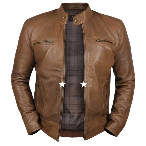 Stylish Men’s Camel Dodge Biker Jacket showcasing premium leather, sleek design, and rugged motorcycle appeal