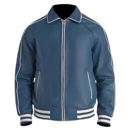 Men’s Blue Varsity Leather Jacket featuring premium leather material, sporty design, and modern streetwear style for a bold, stylish look