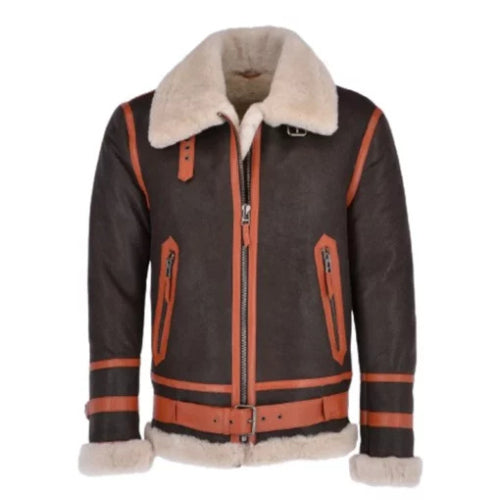 Man wearing the Men’s Flying Shearling Bomber Jacket featuring premium leather, soft shearling lining, and a classic aviator design for a warm and stylish winter look.