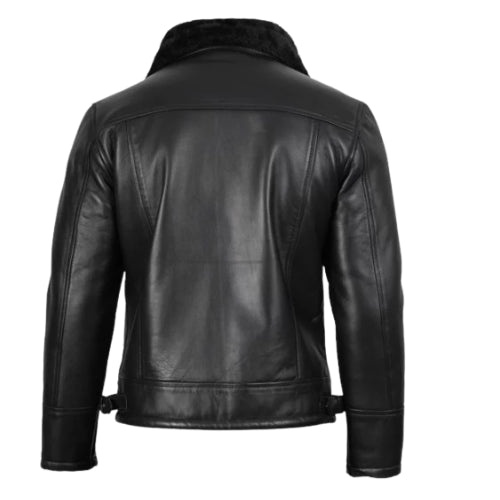 Man wearing the Men’s B3 Bomber Black Shearling Leather Jacket featuring premium black leather, soft shearling lining, and a classic aviator bomber design for a warm and stylish winter look.